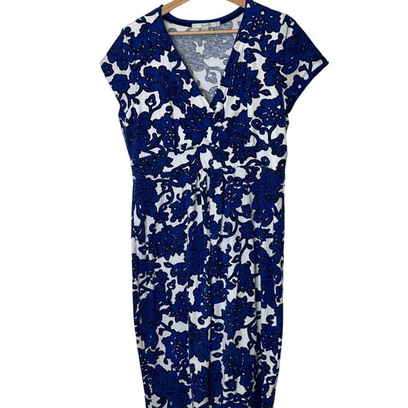 Boden Blue & White Floral Short Sleeve Midi Dress With V-Neckline & Empire Waist - Picture 1 of 9